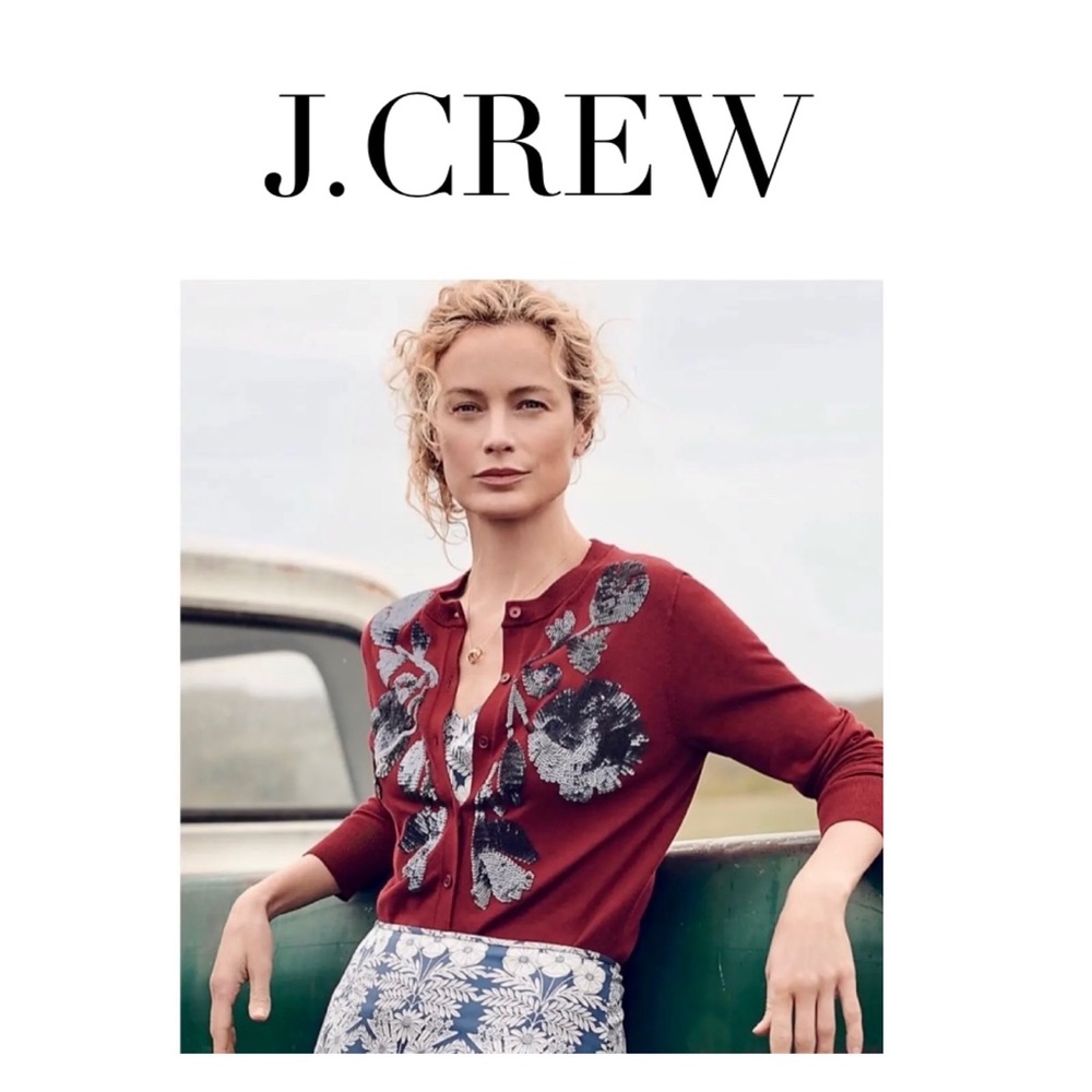 J CREW MEDIUM Red Sequin Cardigan Sweater Embroidered Button Down Jackie J4839